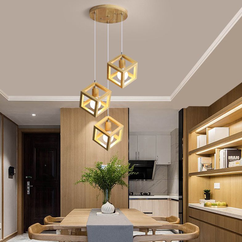Geometric Dining Room Pendant Light Fixture Wooden Minimalist Hanging Lamp in Beige