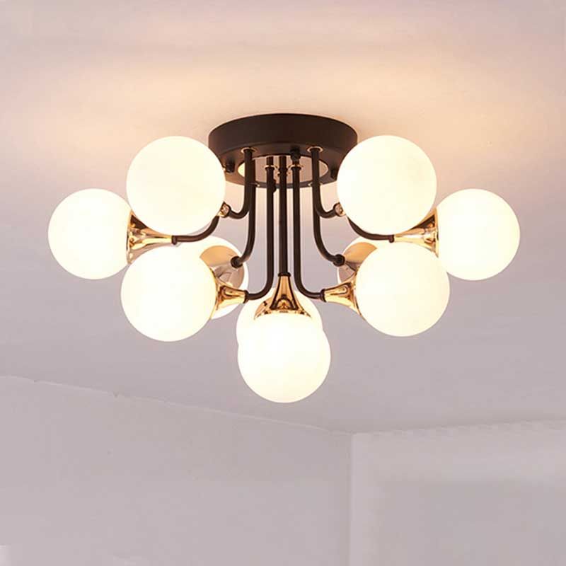6/10/13 Lights Corridor Semi Flush Chandelier Milk White Glass Shaded Sphere Ceiling Mounted Light in Black