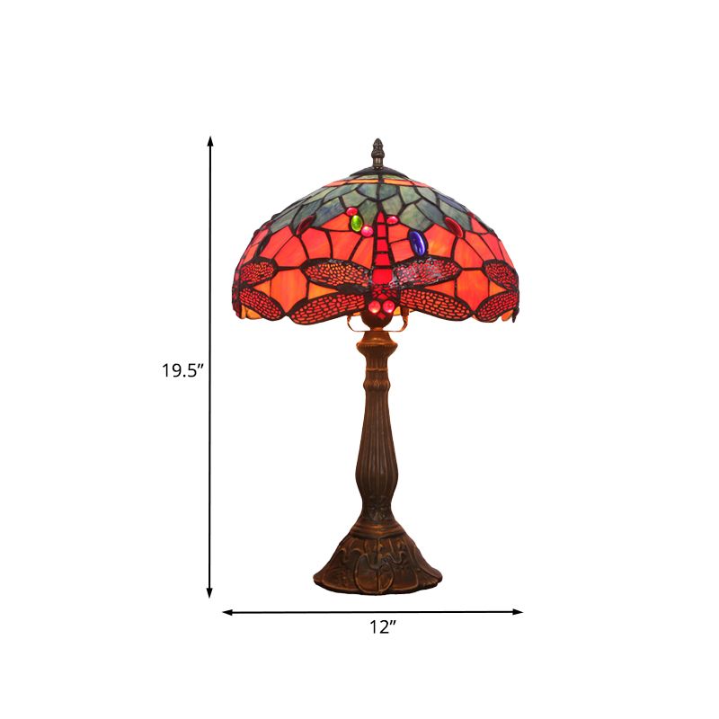 1 Bulb Night Table Lighting Tiffany Stained Art Glass Dragonfly Patterned Nightstand Light in Bronze