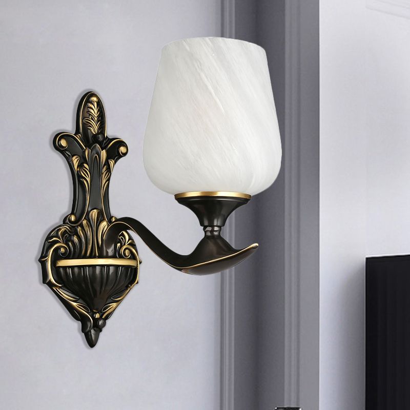 Milky Glass Cup-Like Wall Lamp Traditional 1/2-Light Bedside Wall Lighting Fixture in Black and Gold