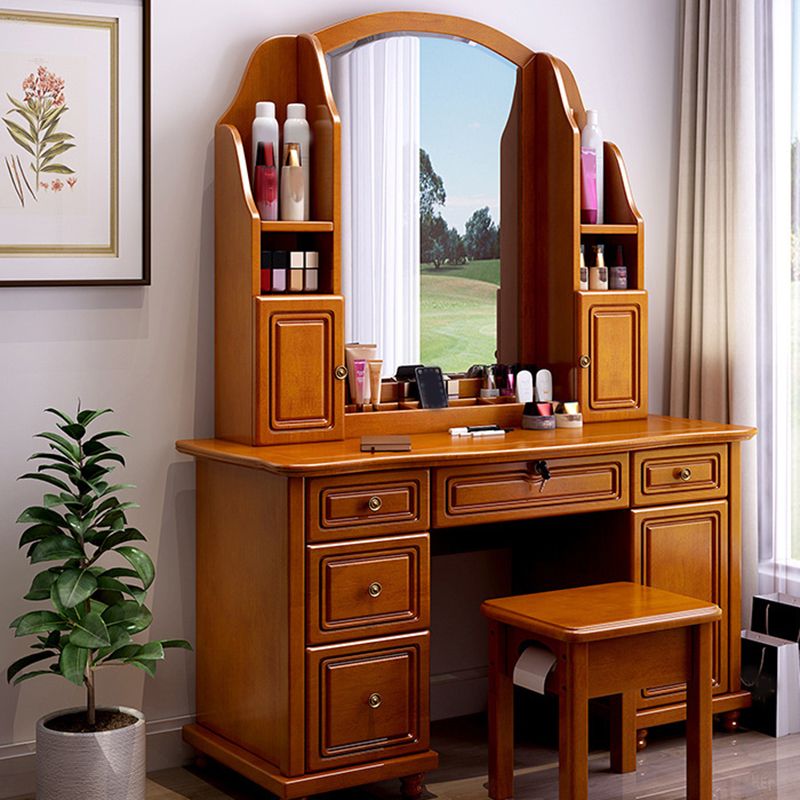 Traditional Solid Wood Makeup Dressing Table 60.23" H Vanity Set with Stool and Mirror