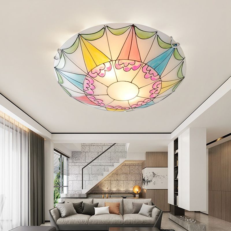 16"/19.5" Wide Domed Flush Light Fixture Mediterranean Pink Stained Glass 3/4 Lights Ceiling Lighting for Bedroom