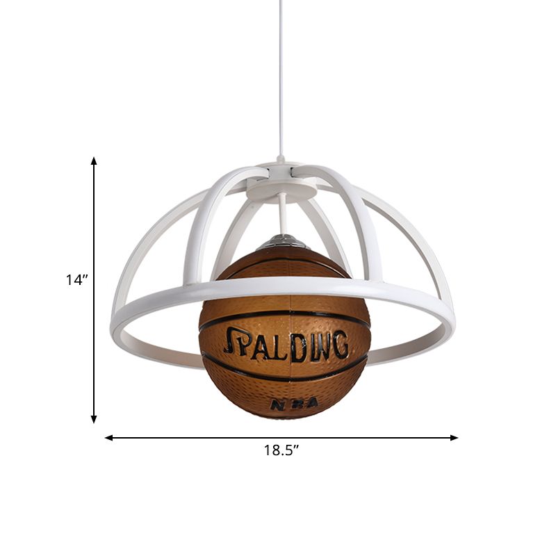 Basketball Pendant Lighting Kids Acrylic 1-Light White and Brown Suspension Lamp with Dome Frame in Warm/White Light