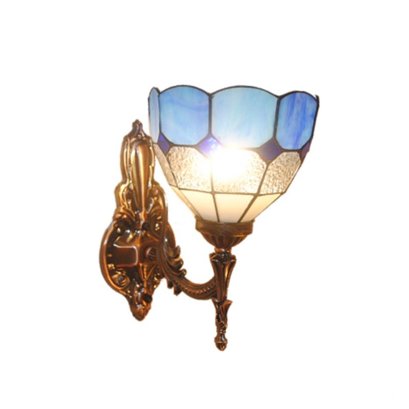 Dome Stained Glass Sconce Light Fixture Tiffany Style 1 Lights Blue/Gold/Tan Wall Lamp for Bedroom