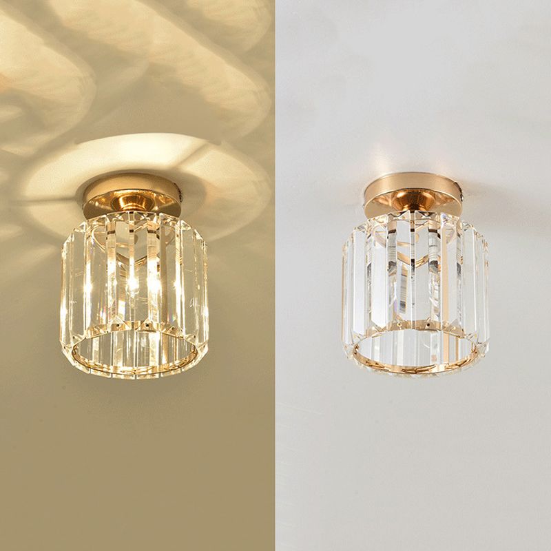 1-Light Crystal Flush Cylinder Shade in Gold and Clear Ceiling Flush