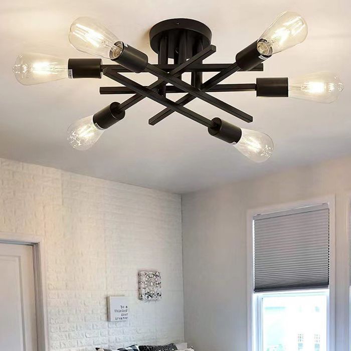 Black Radial Ceiling Light Bare Bulb Semi Flush Mount for Interior Spaces