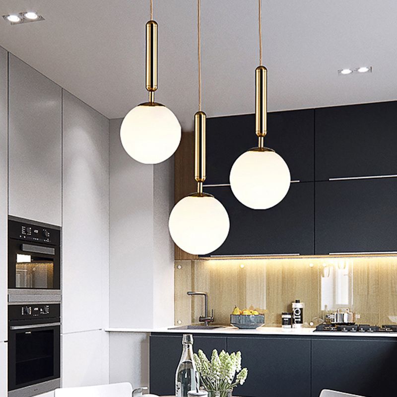 1 Leichte Küchenheizung Licht mit Kugel weißer Glasschatten postmoderner goldener Hanglampe, 6 "/8"/10 "breit
