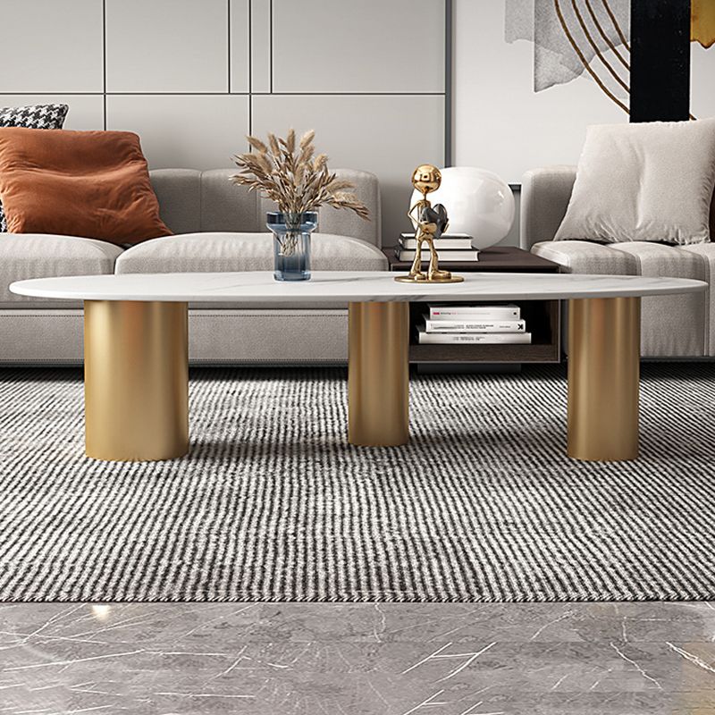 Oval Stone Top Coffee Table Set with 3 Steel Legs for Living Room