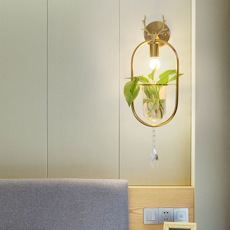 Industrial Antler Sconce Light Fixture 1 Bulb Metal LED Wall Mounted Lamp in Gold with Crystal Accent