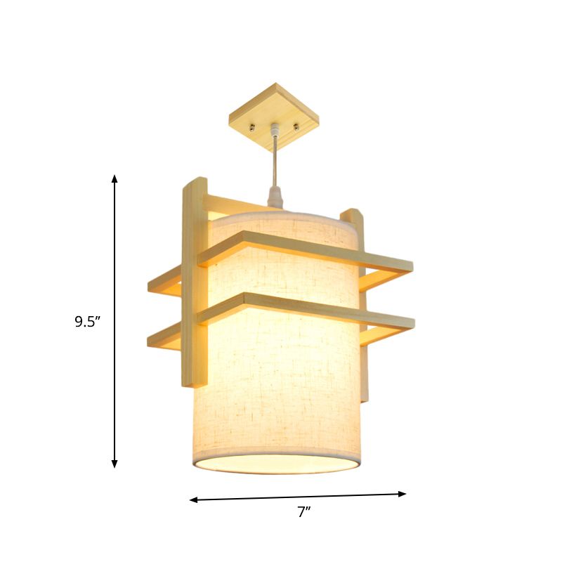 Fabric Cylindrical Hanging Lamp Kit Asian Style 1 Head Beige Ceiling Suspension Light with Wood Shelf