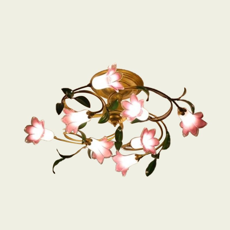 Luz de latas de 8 cabezas Semi Flush Pastoral Metal Lily Led Ceiling de techo para sala de estar