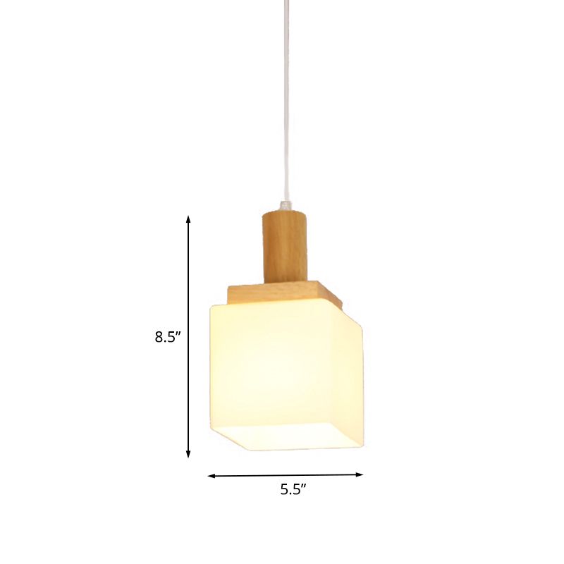 Cube Cream Glass Pendant Lighting Modern Asia 1-Head Wood Hanging Ceiling Lamp for Foyer