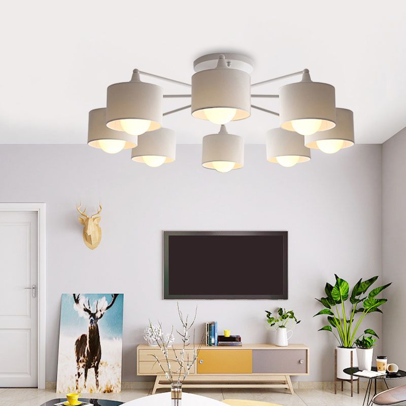 Fabric Sputnik Hanging Ceiling Light Minimalist 8 Lights Black/White/Flaxen Pendant Chandelier for Living Room