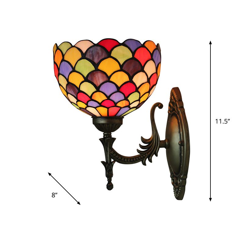 Spots/Semicircles Wall Sconce Light Single-Bulb Stained Glass Tiffany Wall Mounted Light Fixture in Bronze