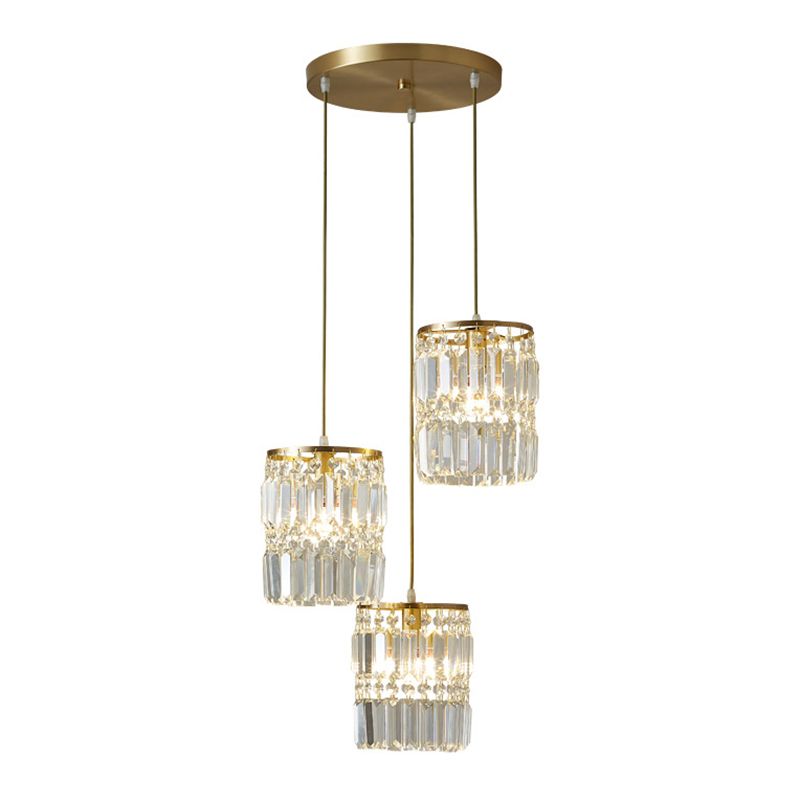 Contemporary Cylinder Hanging Pendant Tri-Prism Crystal 3 Heads Dining Room Multi Light Chandelier in Brass