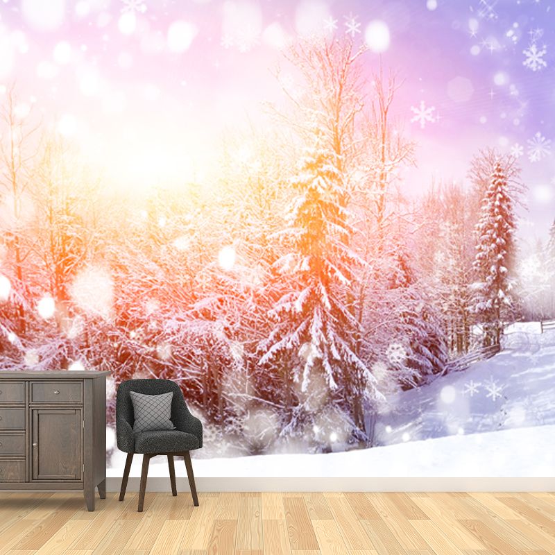 Winter Forest with Snowflake Mural Modern Non-Woven Wall Covering in Blue for Home