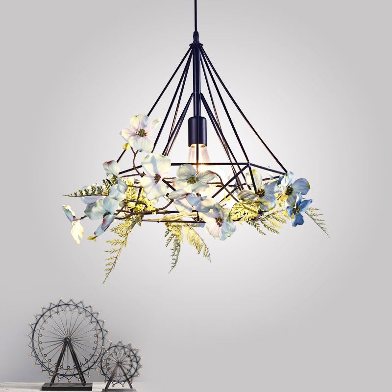 Blue-White Diamond Hanging Light Rustic Metallic 1 Bulb Restaurant Pendant Light Fixture with Artificial Flower