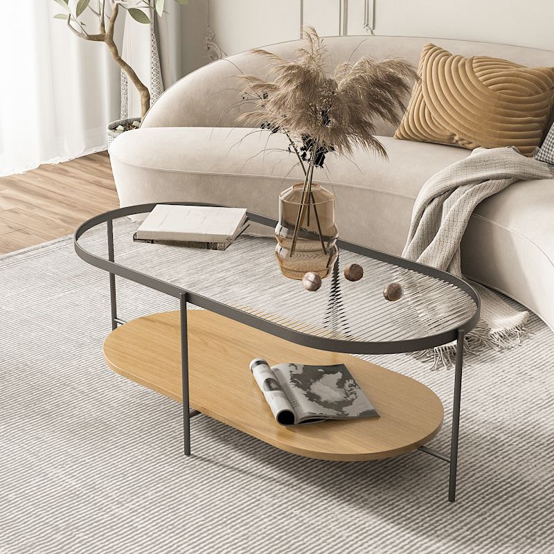 Glass Cross Legs Cocktail Table with Wood Accents Elliptical Coffee Table
