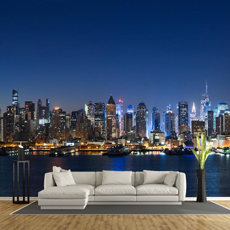 Photograph Night City Scenery Mural for Living Room, Dark Color, Personalized Size