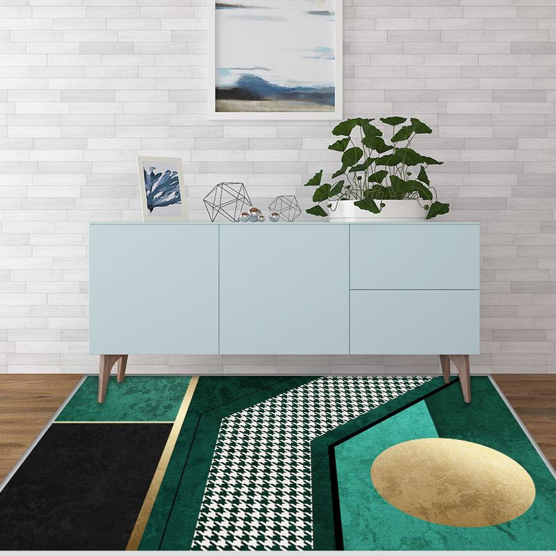Modern Geometric Pattern Rug with Houndstooth Green Polyester Rug Washable Pet Friendly Non-Slip Area Rug for Living Room