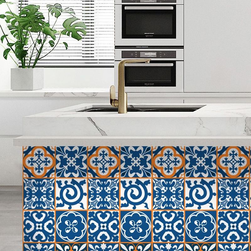 Moroccan Tiles Wallpaper Panel Set in Orange-Blue Self-Adhesive Wall Decor for Kitchen