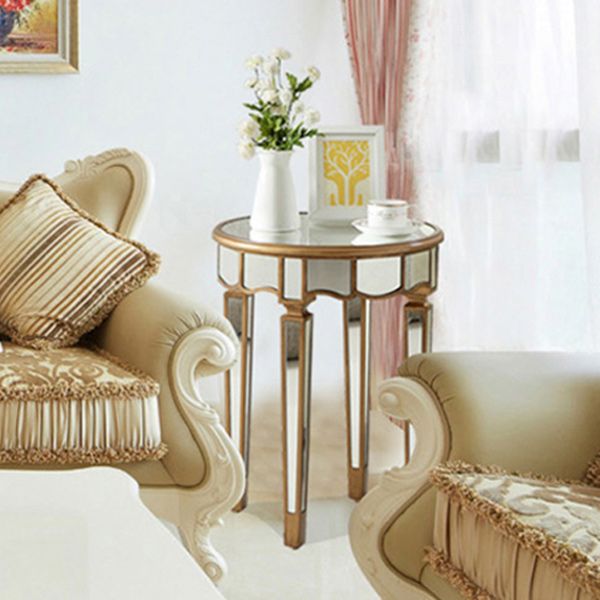 Round Glass Top Side End Table Modernistic Solid Wood 4 Legs End Table