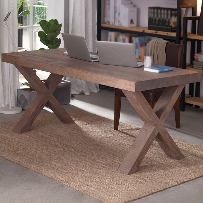 Table à manger rectangulaire industrielle en bois de pin avec double piédestal pour restaurant