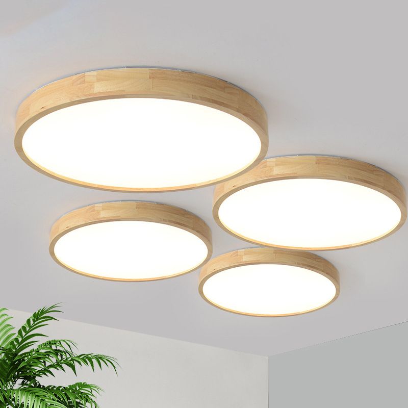 Circle Flush-Mount Light Fixture Modern Style Wooden LED Bedroom Flush Ceiling Light Fixture in Wood