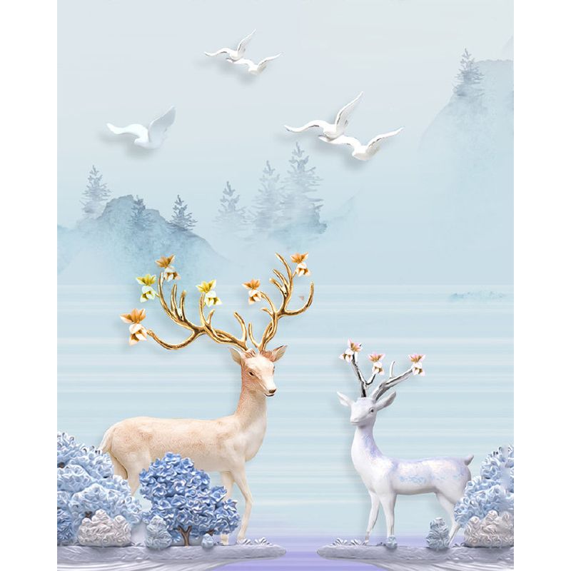 Whole Scenery Wall Paper Murals Nordic Gulls and Deers by the Riverside Wall Art in Blue