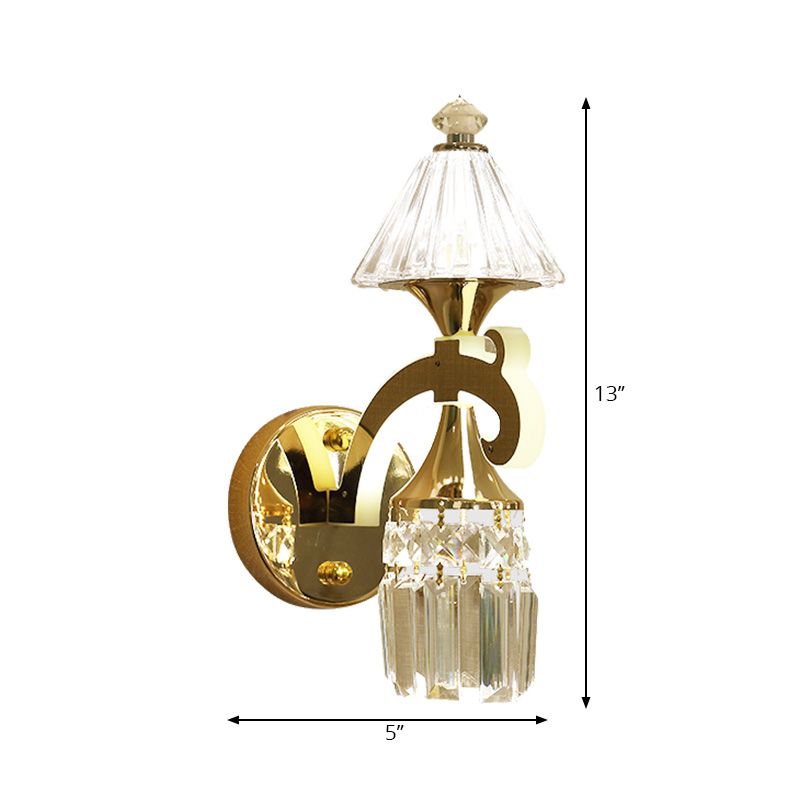 Gold Finish Conic Wall Light Sconce Contemporary 1 Bulb Metal Wall Mount Light with Clear Crystal Draping