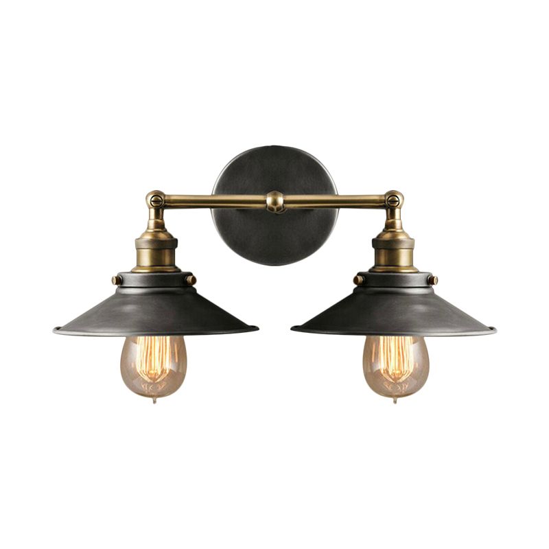 2 Heads Sconce Lamp Farmhouse Style Conical Shade Wrought Iron Wall Light Fixture in Antique Black