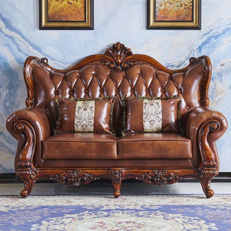 Traditional Tufted Split-Back Seating Flared Arm Sofa with Pillows in Brown