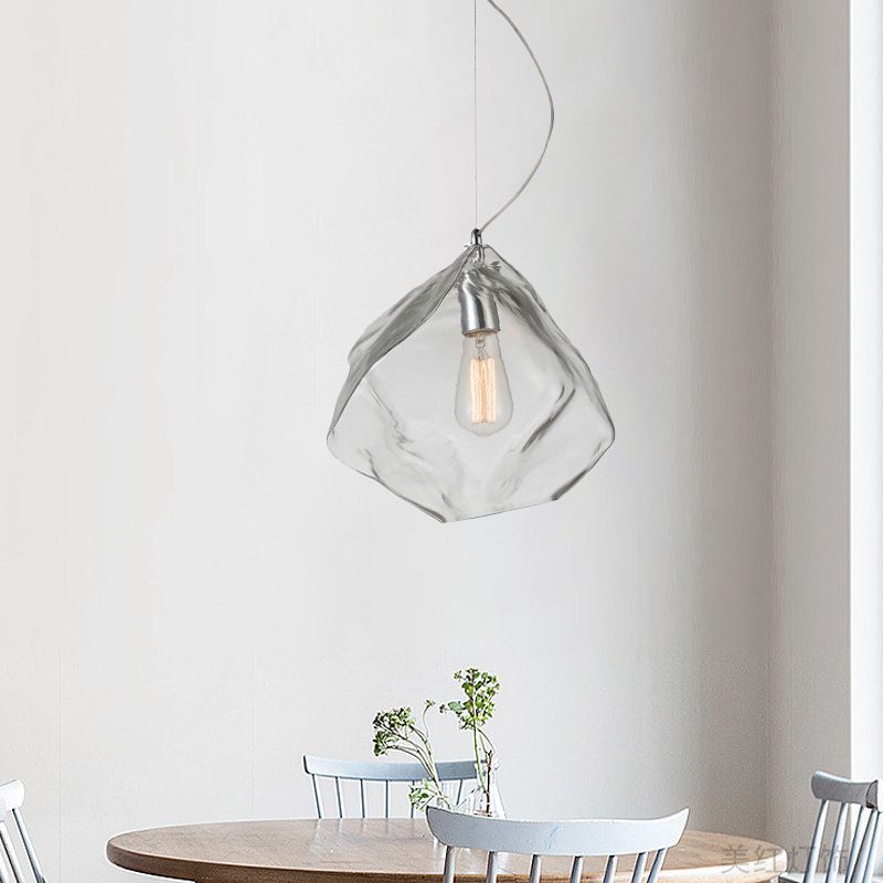 Modernist Stone Shape Suspension Light Clear Glass 1 Head Living Room Ceiling Hang Fixture