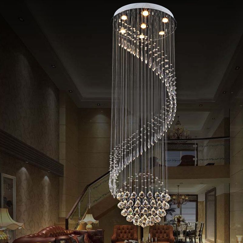 Spiral Stair Cluster Pendant Lamp Minimalist Clear Crystal 7-Light Silver LED Ceiling Light