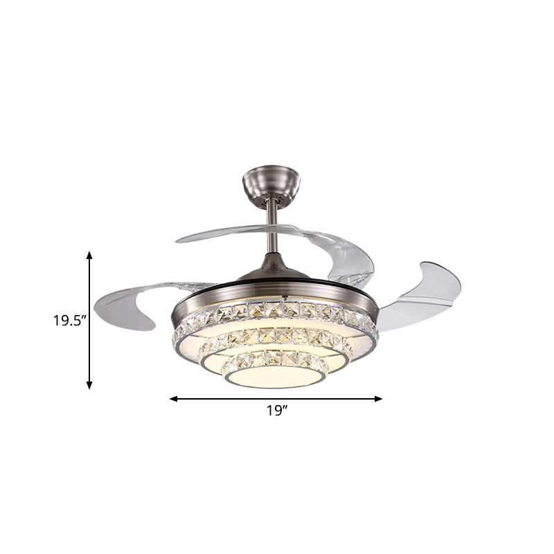 Modernismo Lampada del soffitto a 3 livelli Lampada a blocchi di cristallo Spegno LED a filo in cromo con 4 lame, largo 19 "
