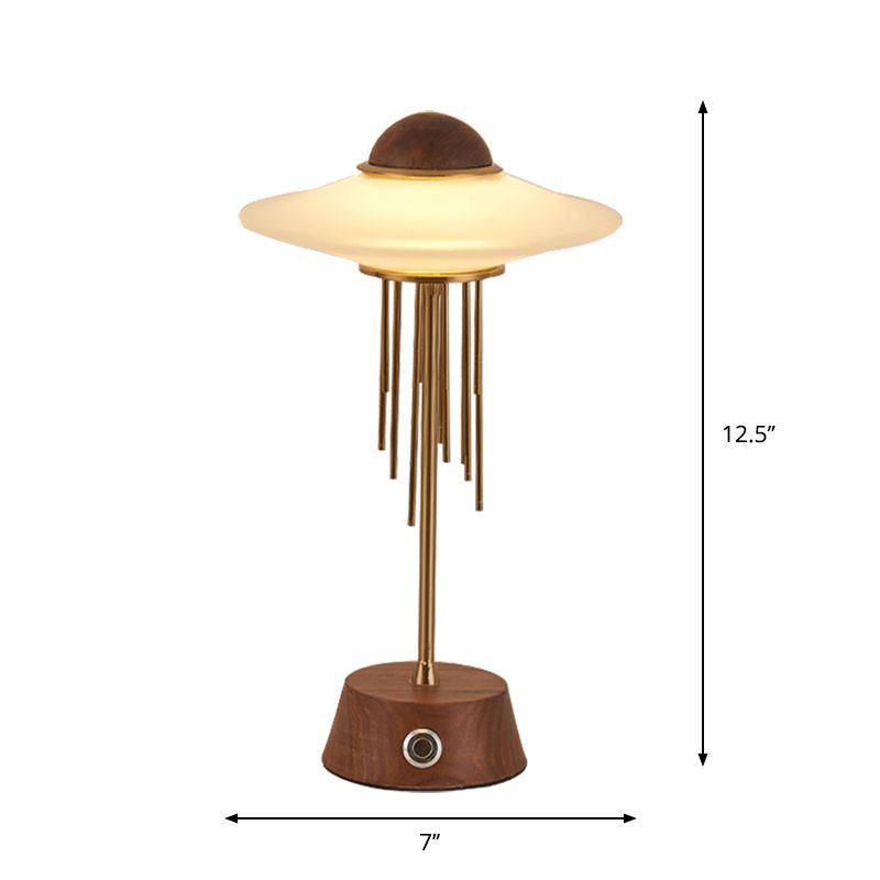 Tubular Desk Lamp Contemporary Metal LED Bedroom Table Lighting in Brown with UFO Frosted Glass Shade