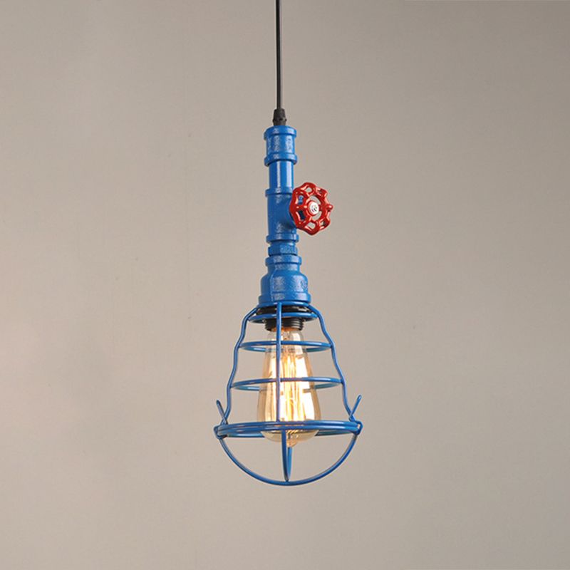Single Bulb Shaped Cage Pendant Light Industrial Metal Suspension Light Fixture with Red Valve Deco