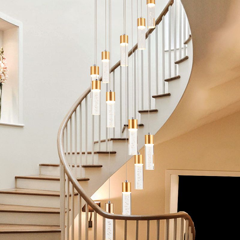 12 Heads Acrylic Pendant Lighting Modernist Gold/Silver Tube Stair Multiple Hanging Lamp with Spiral Design