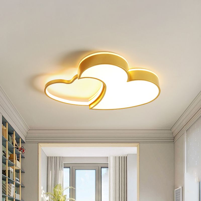 Double-Heart Kids Room Flush Light Acrylic Macaron Surface Mounted LED Ceiling Lamp in Pink/Blue/Gold, 21.5"/25.5" Wide