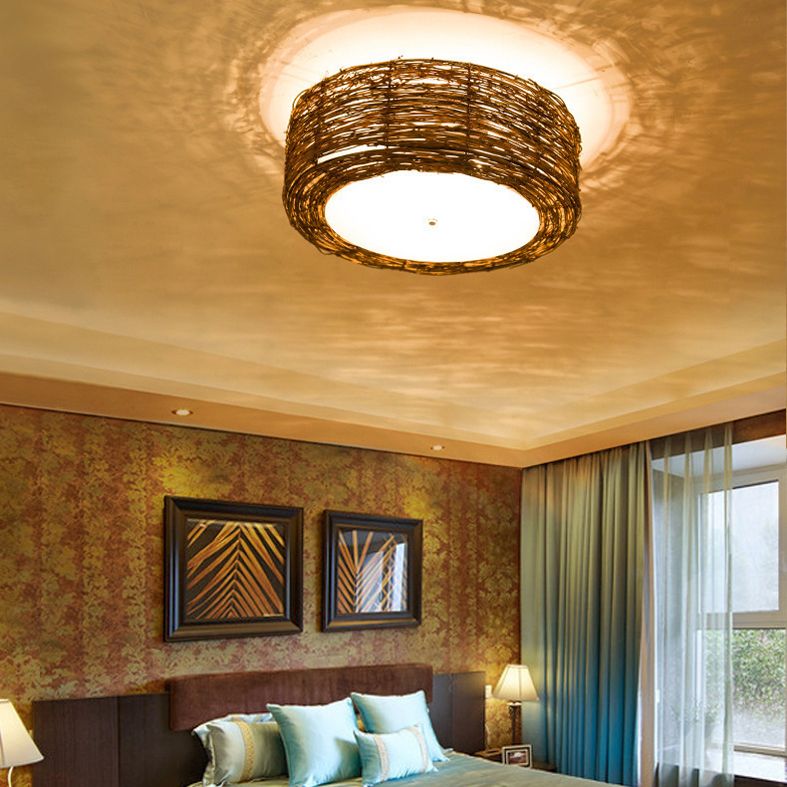 Rounded Drum Flush Mount Light Rattan Asia Flush Mount Spotlight for Restaurant