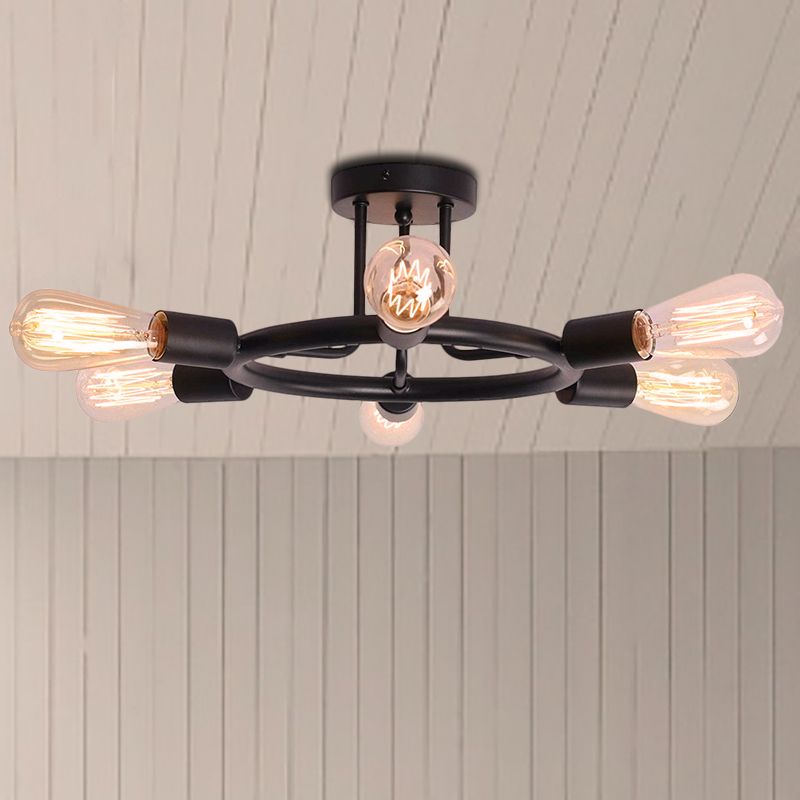 Bare Bulb Semi Flush Ceiling Light Mid Century Metallic 6 Heads Semi Mount Light in Brass/Black Finish