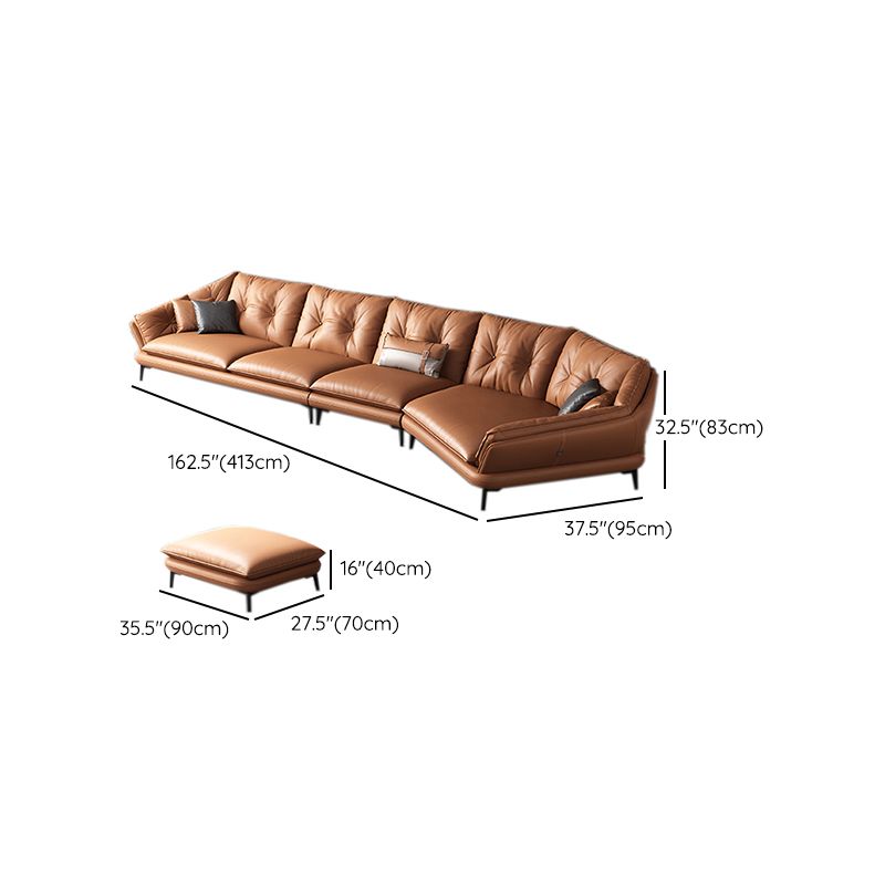 Contemporary Genuine Leather Pillow Top Arm Sofa in Orange for Living Room