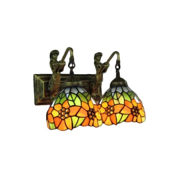 Flower Wall Mount Light Tiffany Orange Glass 2 Heads Living Room Sconce Lighting with Mermaid Decoration