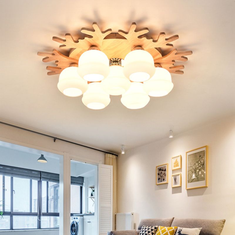 White Bud Shade Ceiling Mount Light with Beige Antlers Lovely Wooden Ceiling Lamp for Kid Bedroom