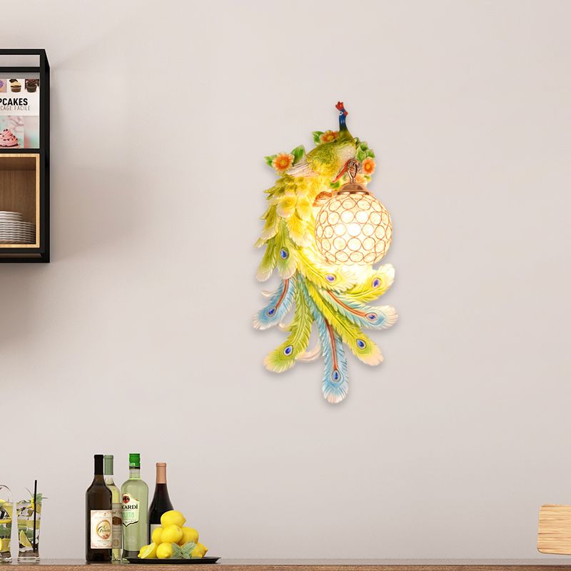 Lámpara de cristal y resina de luz de luz de pared abovedada con placa de pavo real izquierda/derecha en oro/verde, 1/2 paquetes