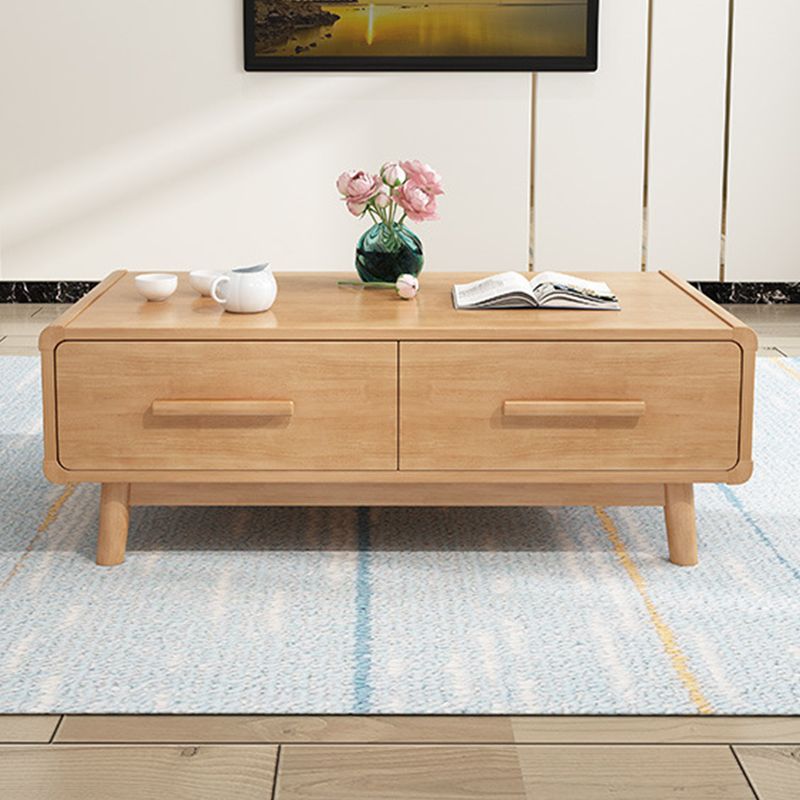 Scandinavian Coffee Table with 2 Drawers and 4 Wooden Legs in Rubberwood