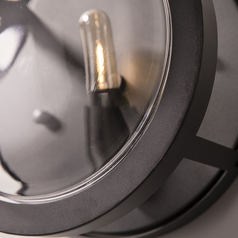 Metal Drum Flush Mount Lighting Retro 1 Light Living Room Wall Sconce Lamp in Black with Clear Glass Shade