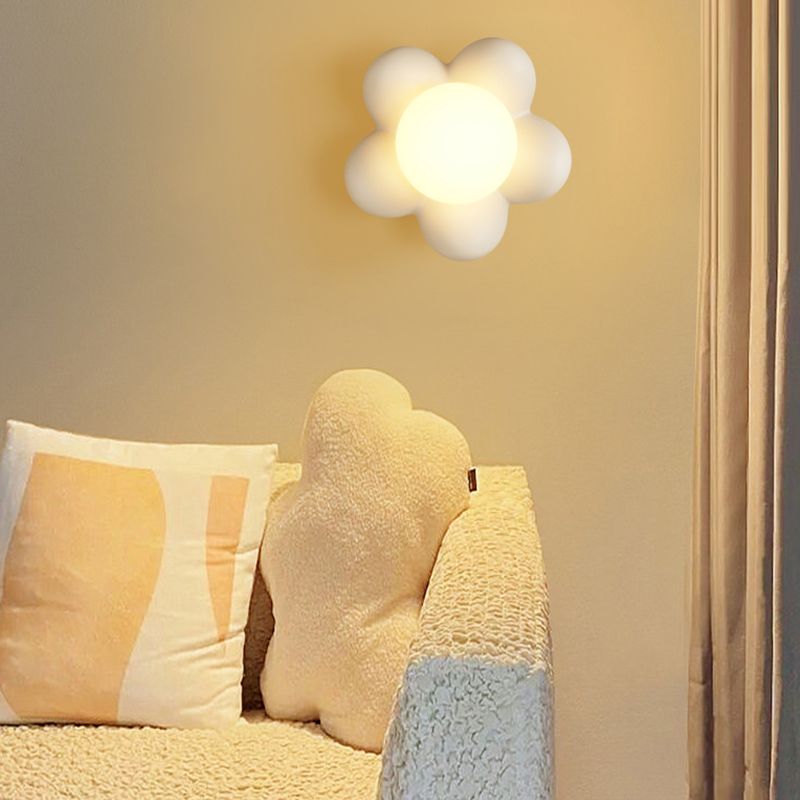 Children Style Wall Mount Lamp Wooden Flower Shape with Glass Shade for Bedroom