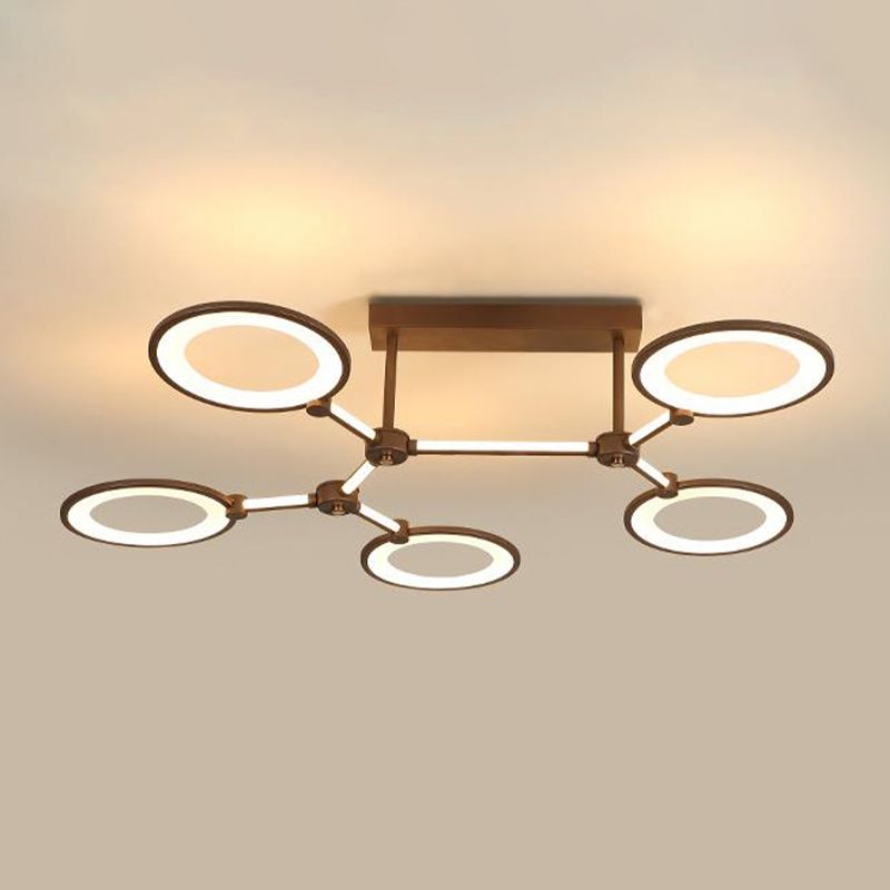 Kreis Ring Wohnzimmer Semi Flush Mount Mount Acryl 5 Lichter zeitgenössische Deckenlampe im Kaffee