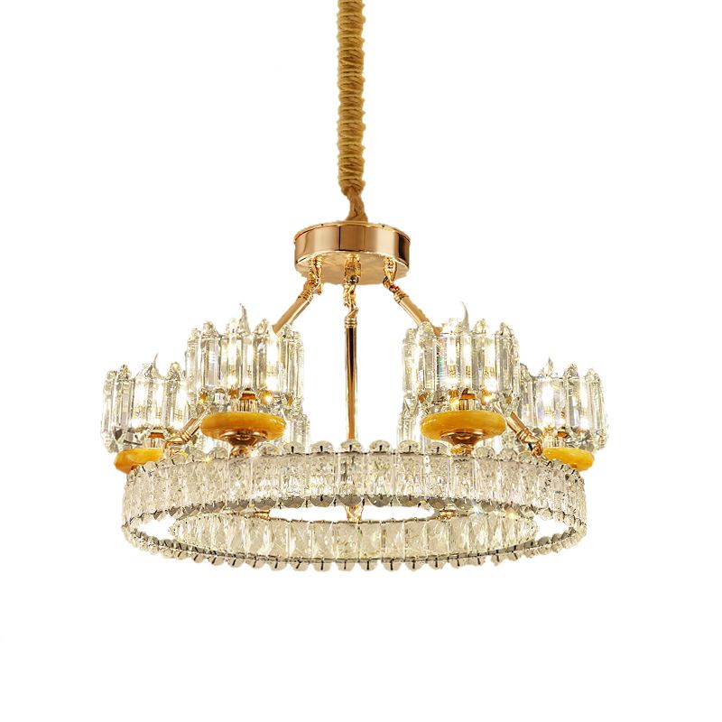 Cylinder Living Room Chandelier Lamp Modernism Crystal Block 6/8 Bulbs Gold Ring Ceiling Light